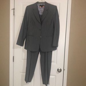 Grey and periwinkle pinstripe suit.